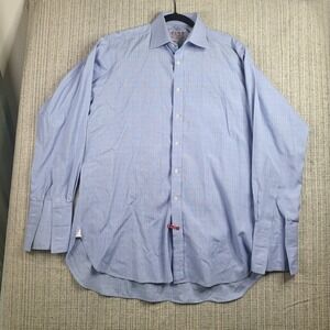 Thomas‎ Pink Shirt Mens 16.5 34 Blue Plaid Superfine Two-Fold Made Ireland Dress